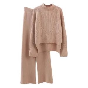 2 Pieces Set Knitted Warm Sweater and Wide Leg Pant Suits