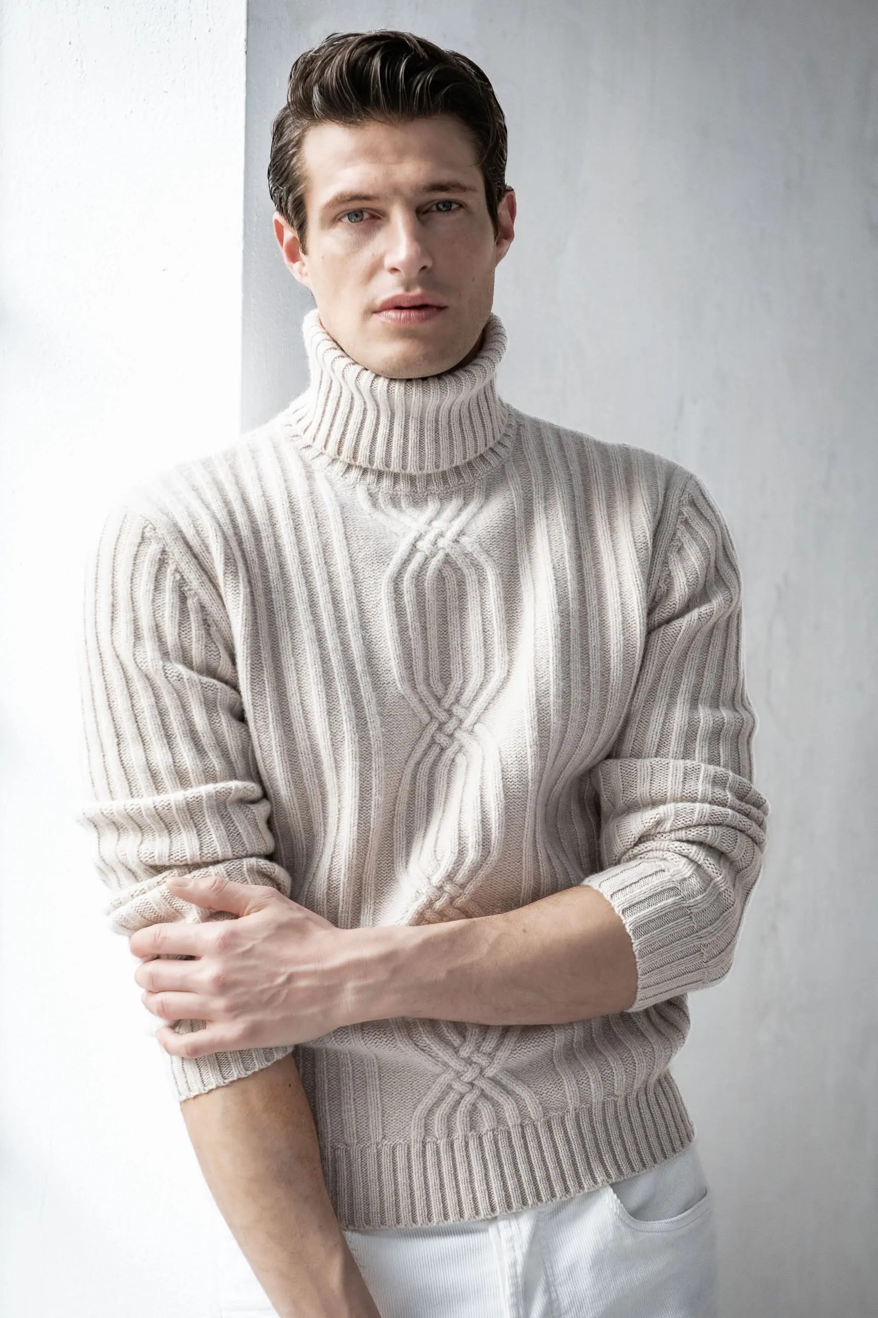 Beige jacquard patterned wool & cashmere turtleneck – Made in Italy