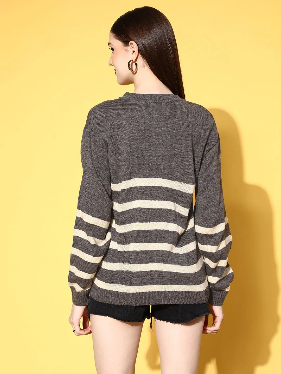 Berrylush Women Grey & White Striped Pattern Round Neck Drop-Shoulder Acrylic Ribbed Hem Pullover