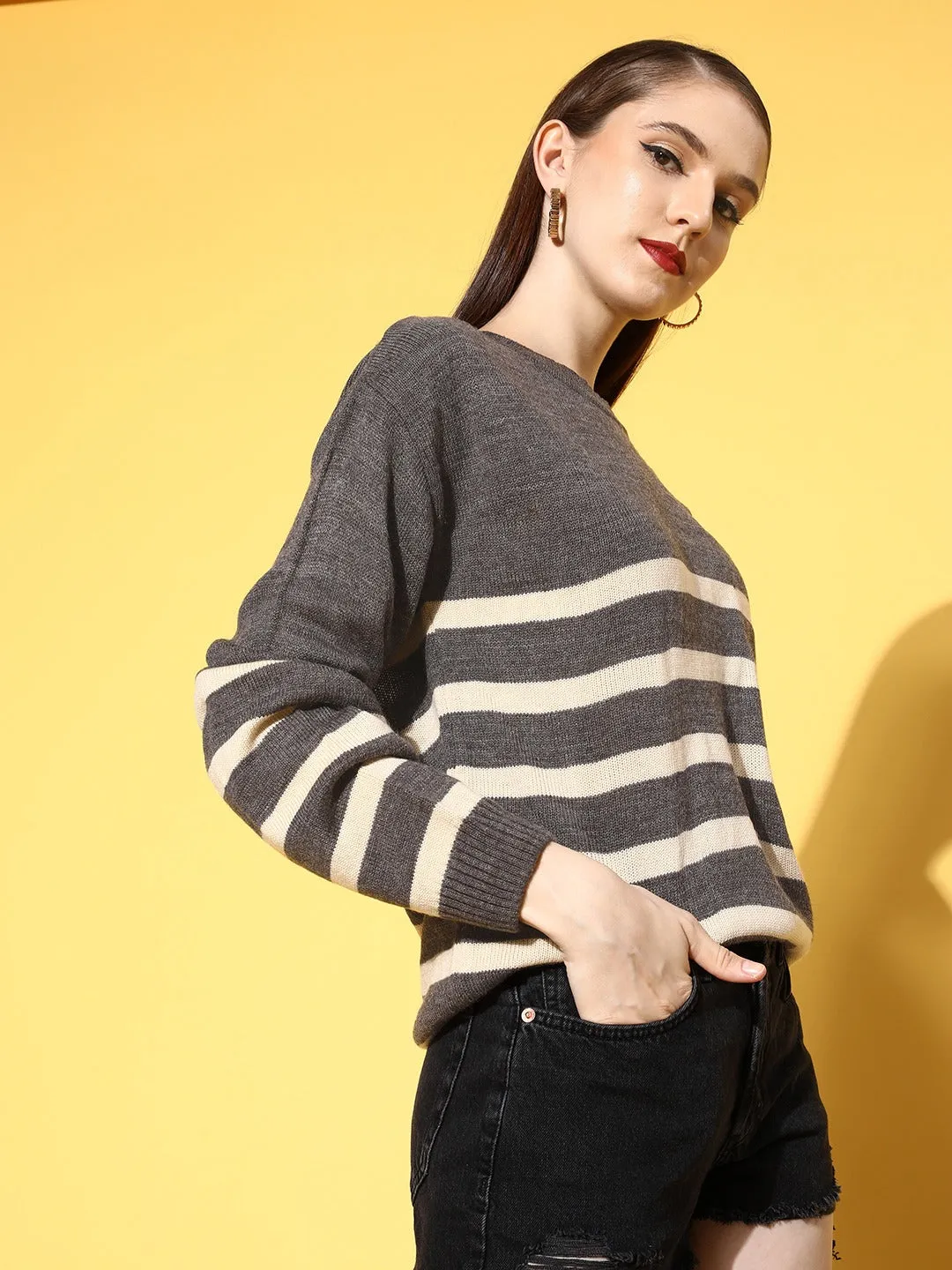 Berrylush Women Grey & White Striped Pattern Round Neck Drop-Shoulder Acrylic Ribbed Hem Pullover