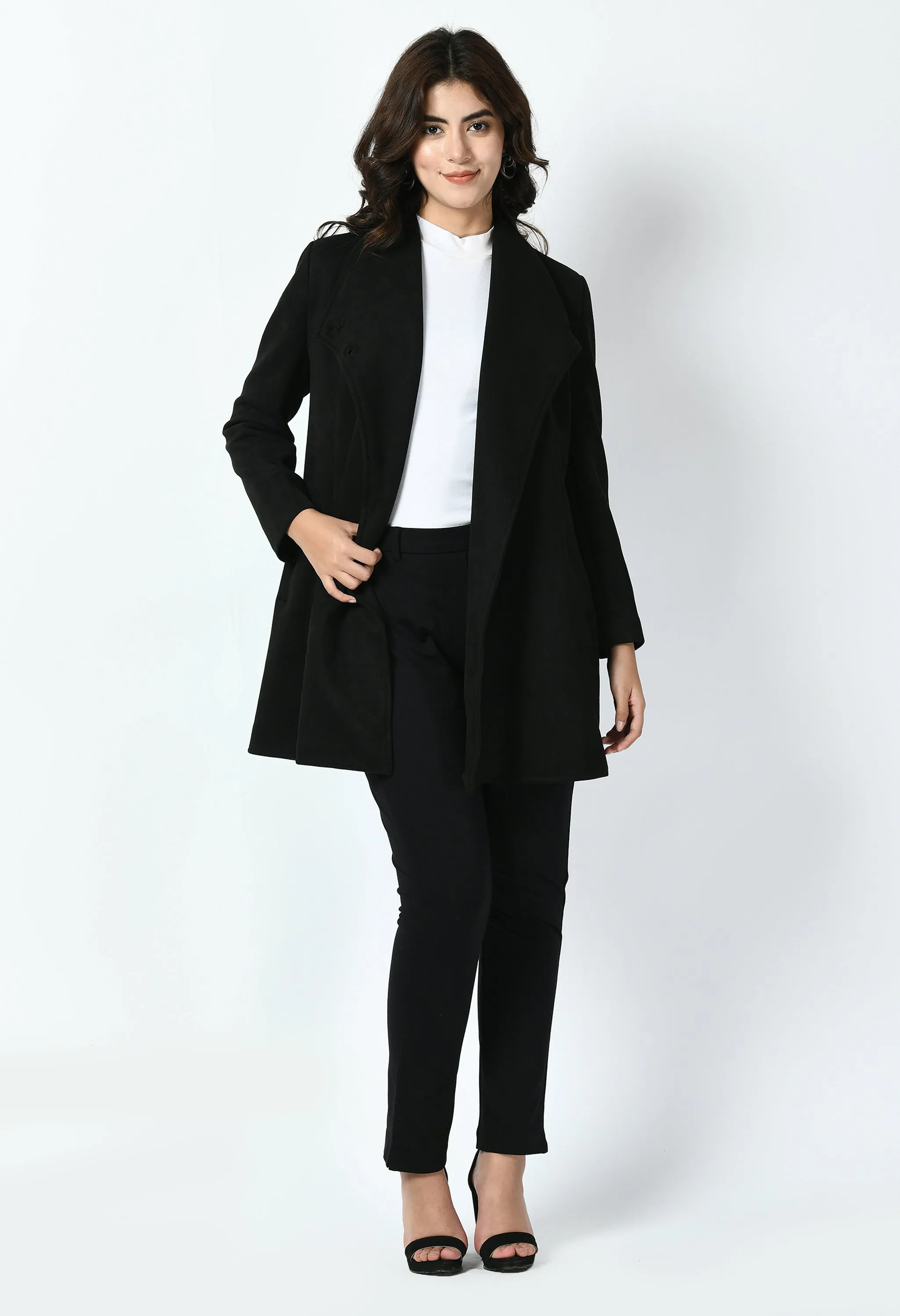 Black Cotton Blend Spark Suede Leather Medium Wrap Coat