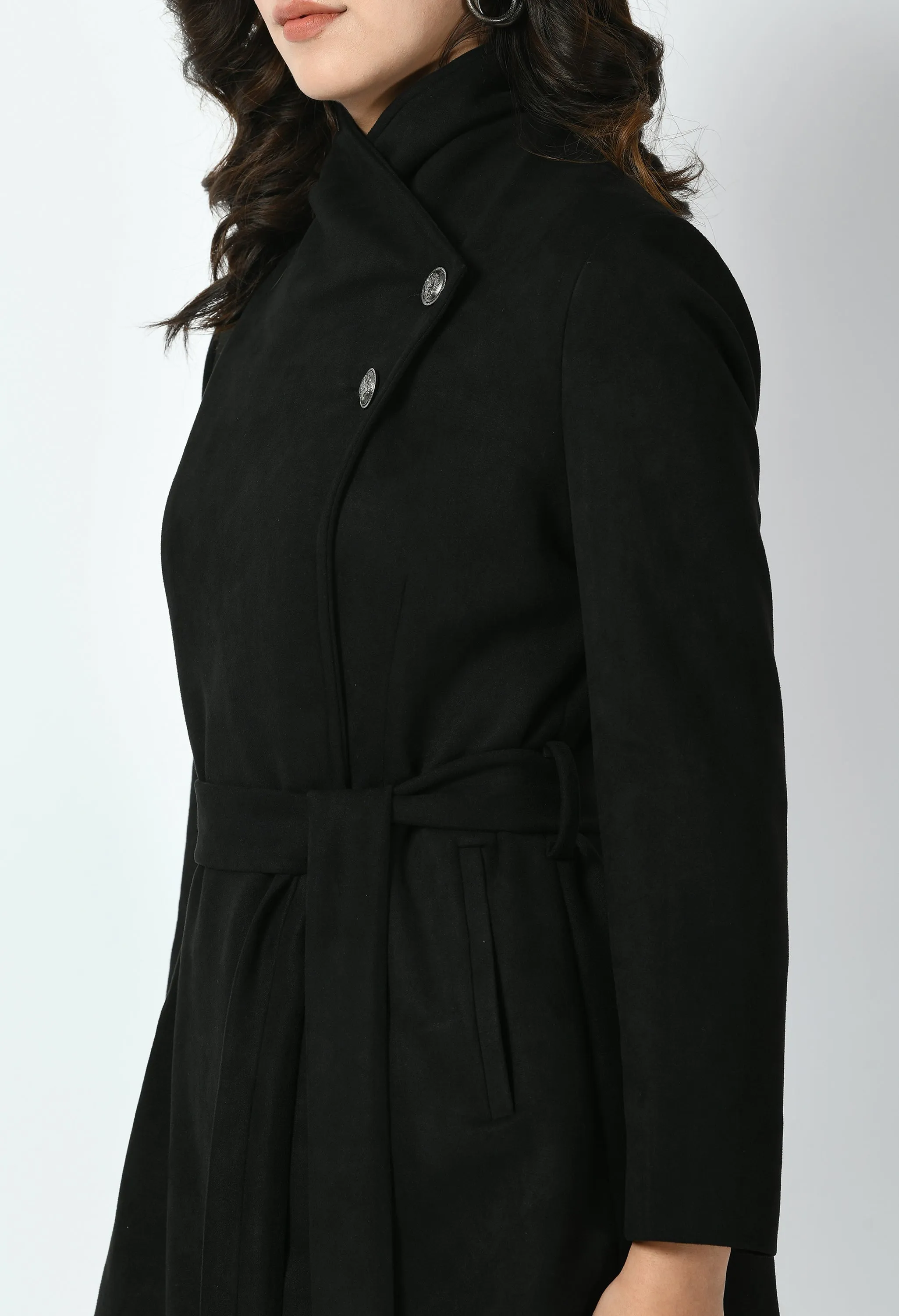 Black Cotton Blend Spark Suede Leather Medium Wrap Coat