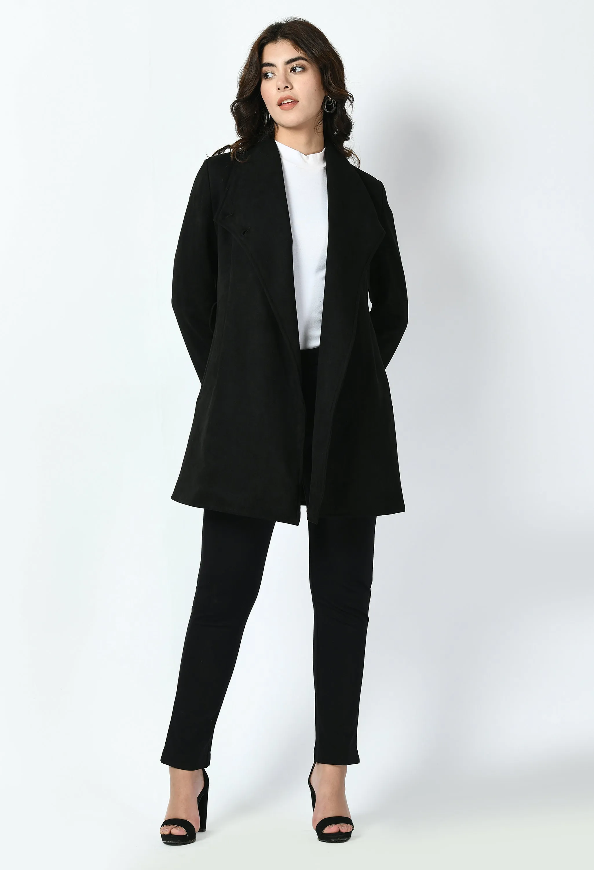 Black Cotton Blend Spark Suede Leather Medium Wrap Coat