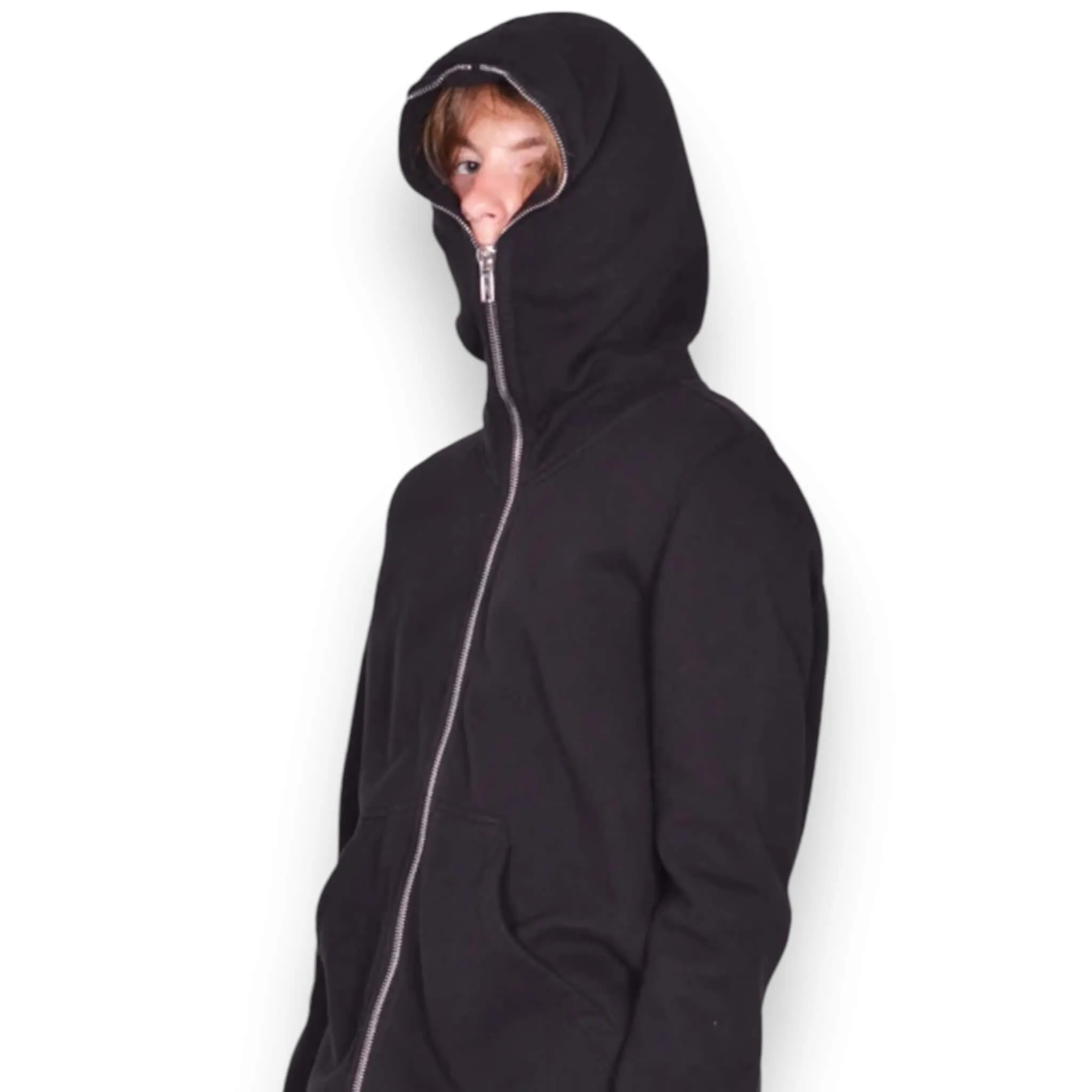 Black Zip Up Face Hooded Long Jacket