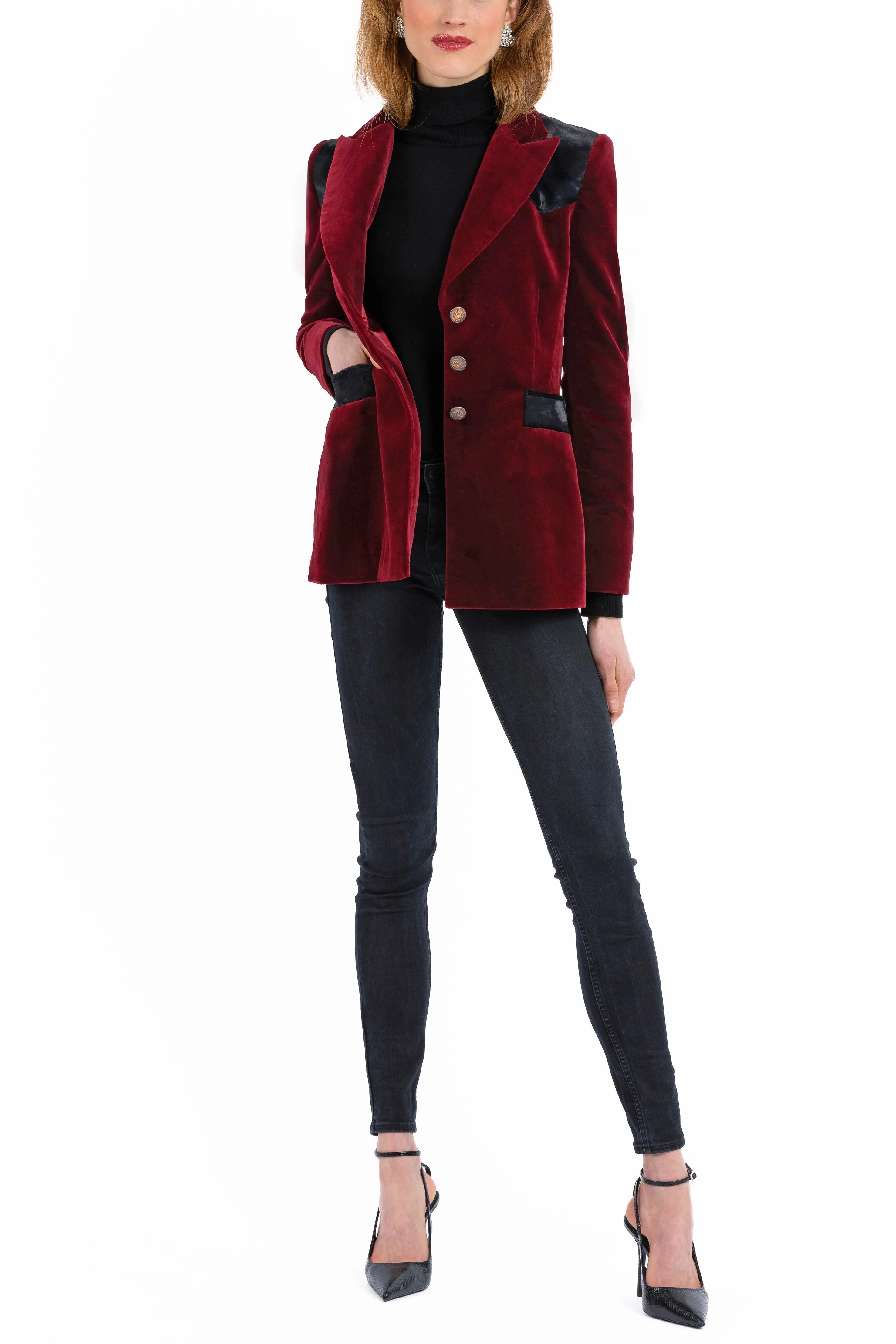 Blazer in deep crimson-red velvet with black pony-hair-velvet accents