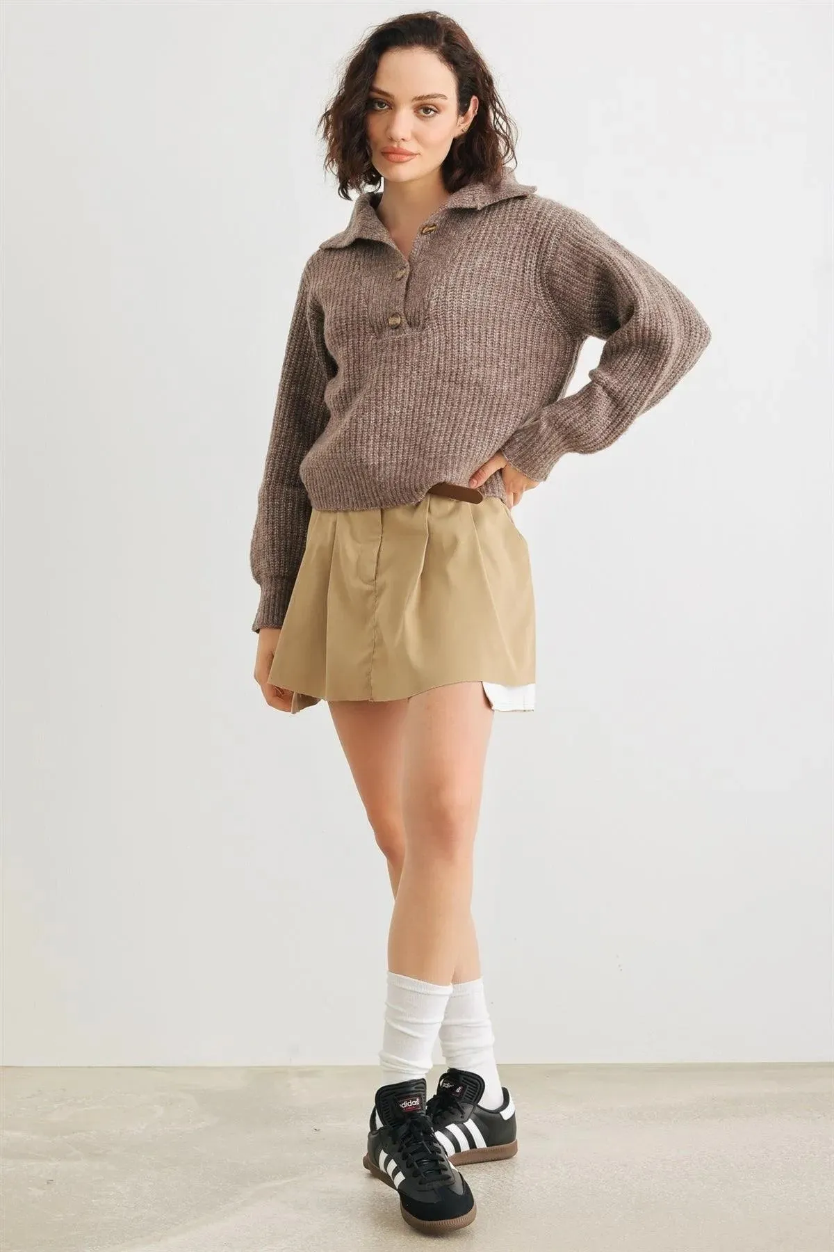 Brown Wool Knit Button-Up Neck Crop Sweater Pullover /2-2-1