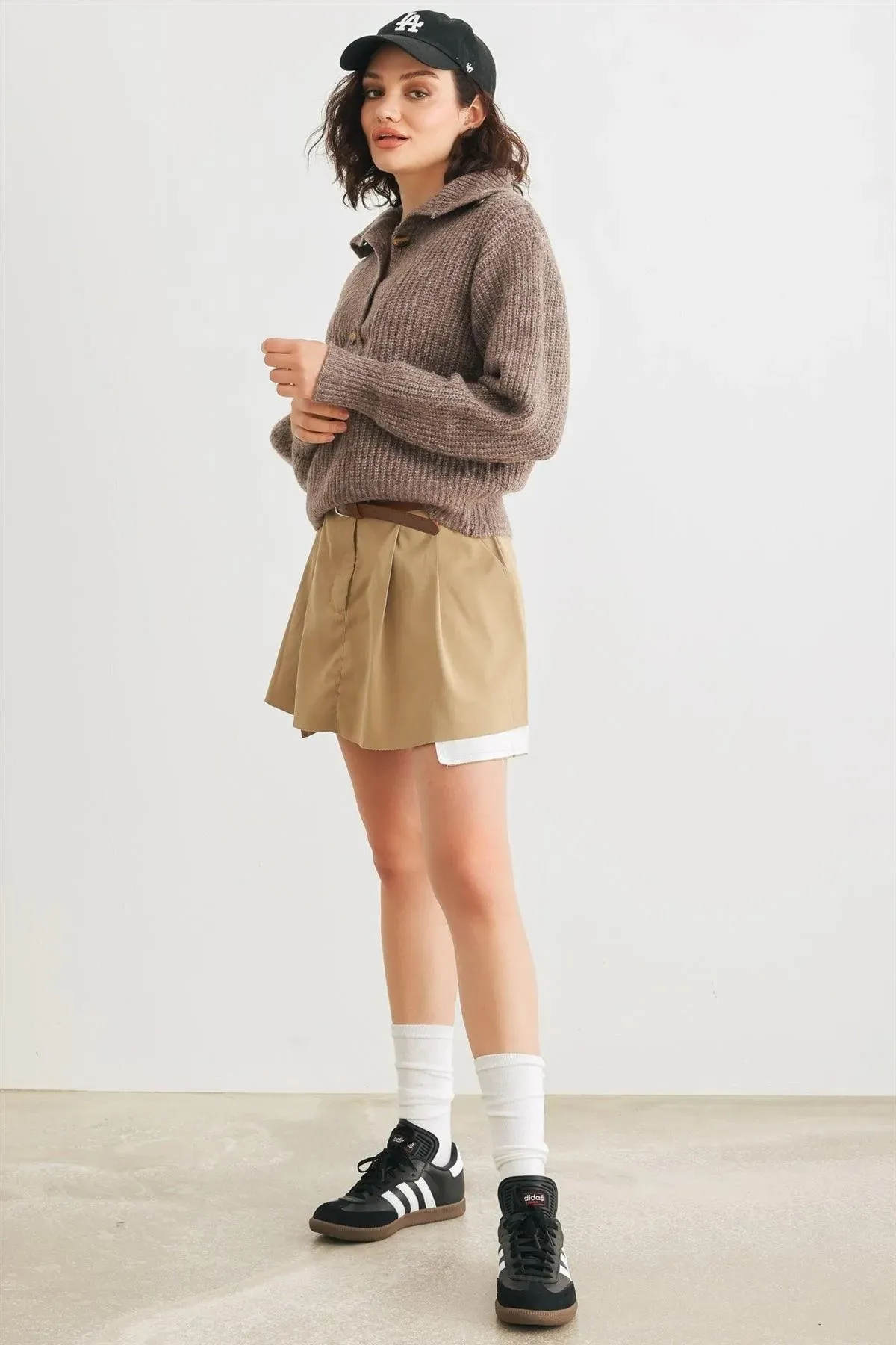 Brown Wool Knit Button-Up Neck Crop Sweater Pullover /2-2-1