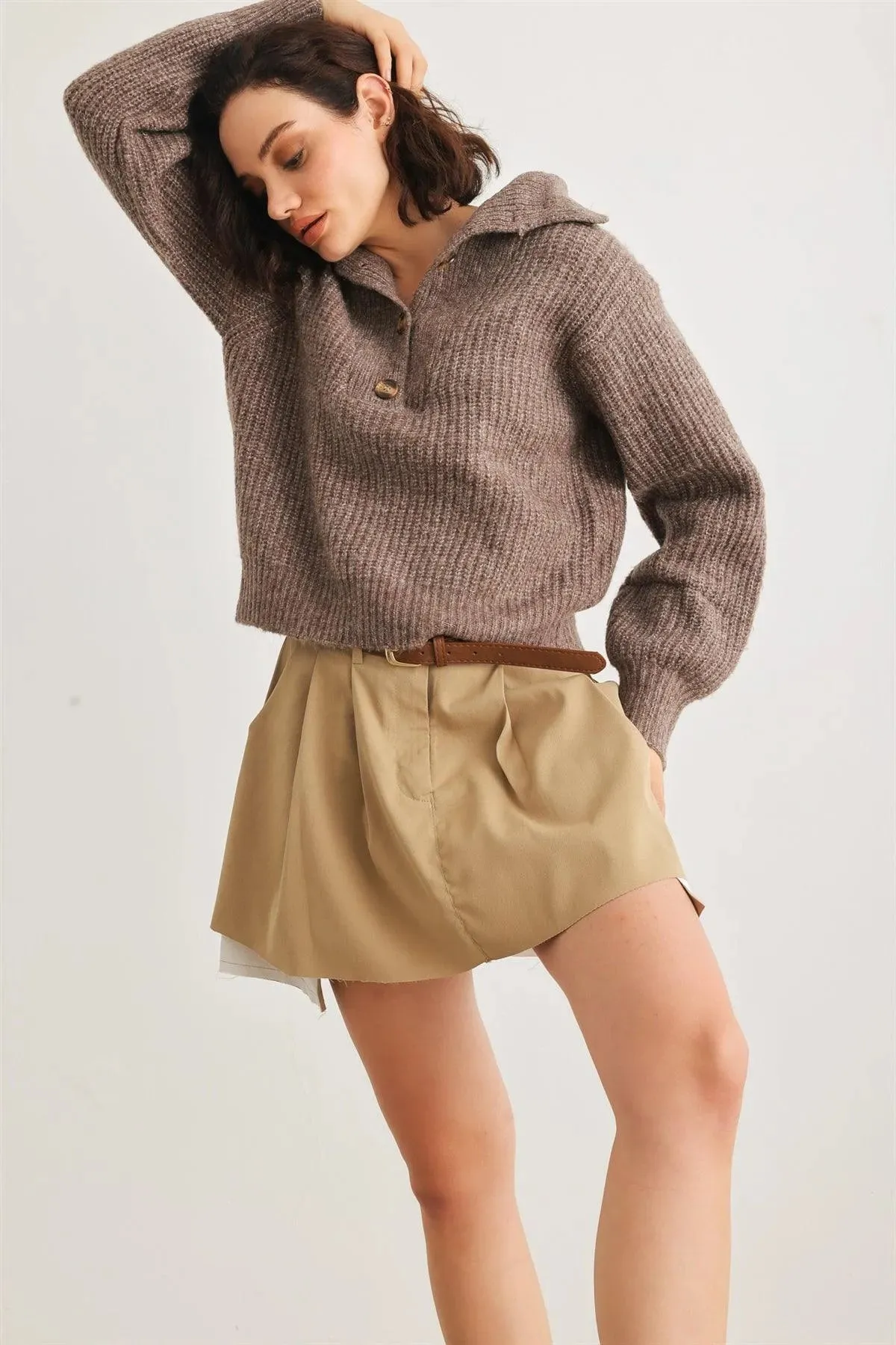 Brown Wool Knit Button-Up Neck Crop Sweater Pullover /2-2-1