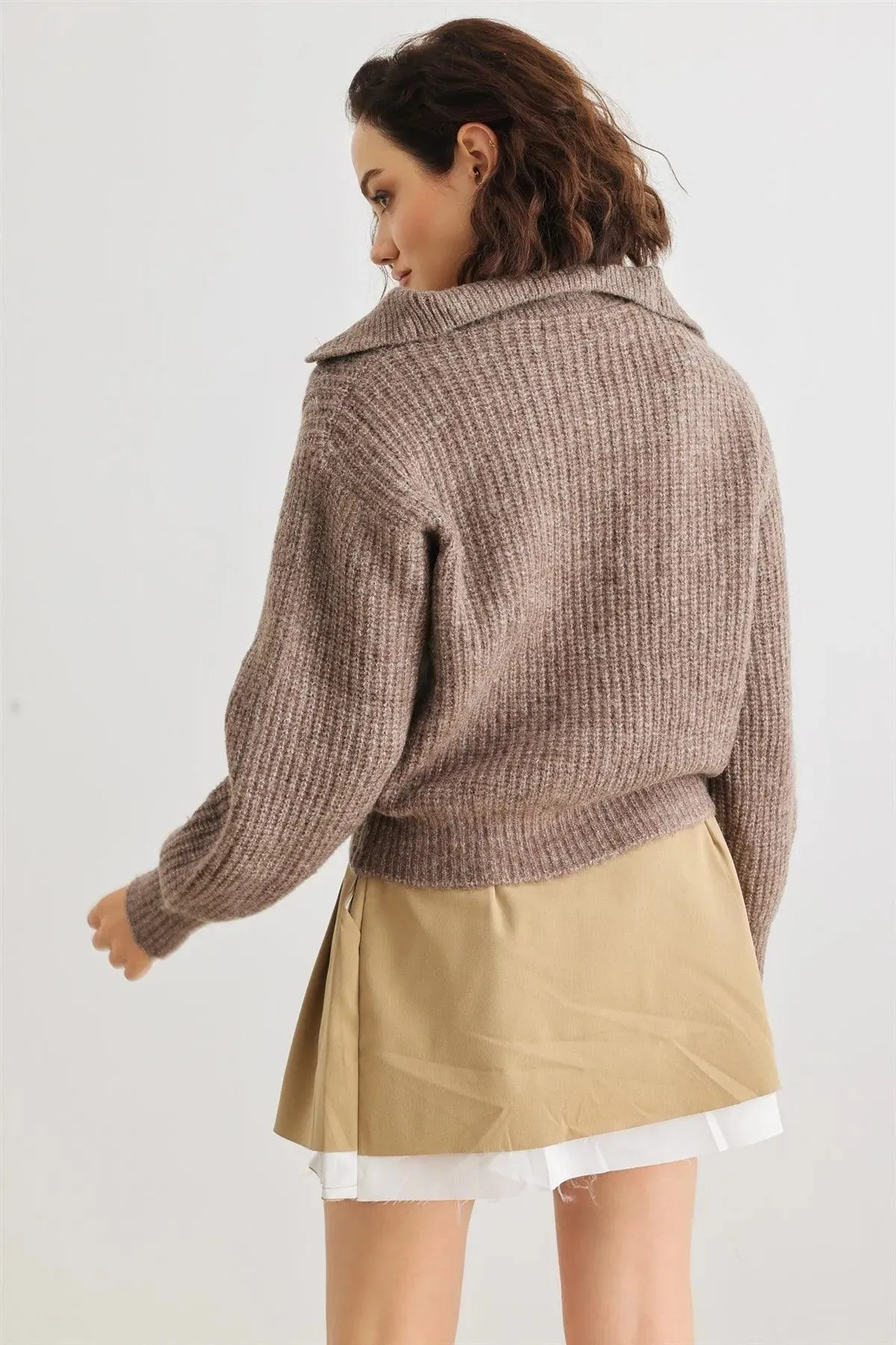 Brown Wool Knit Button-Up Neck Crop Sweater Pullover /2-2-1