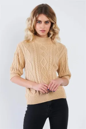 Cable Knit Casual 3/4 Sleeve Mock Neck Chic Sweater