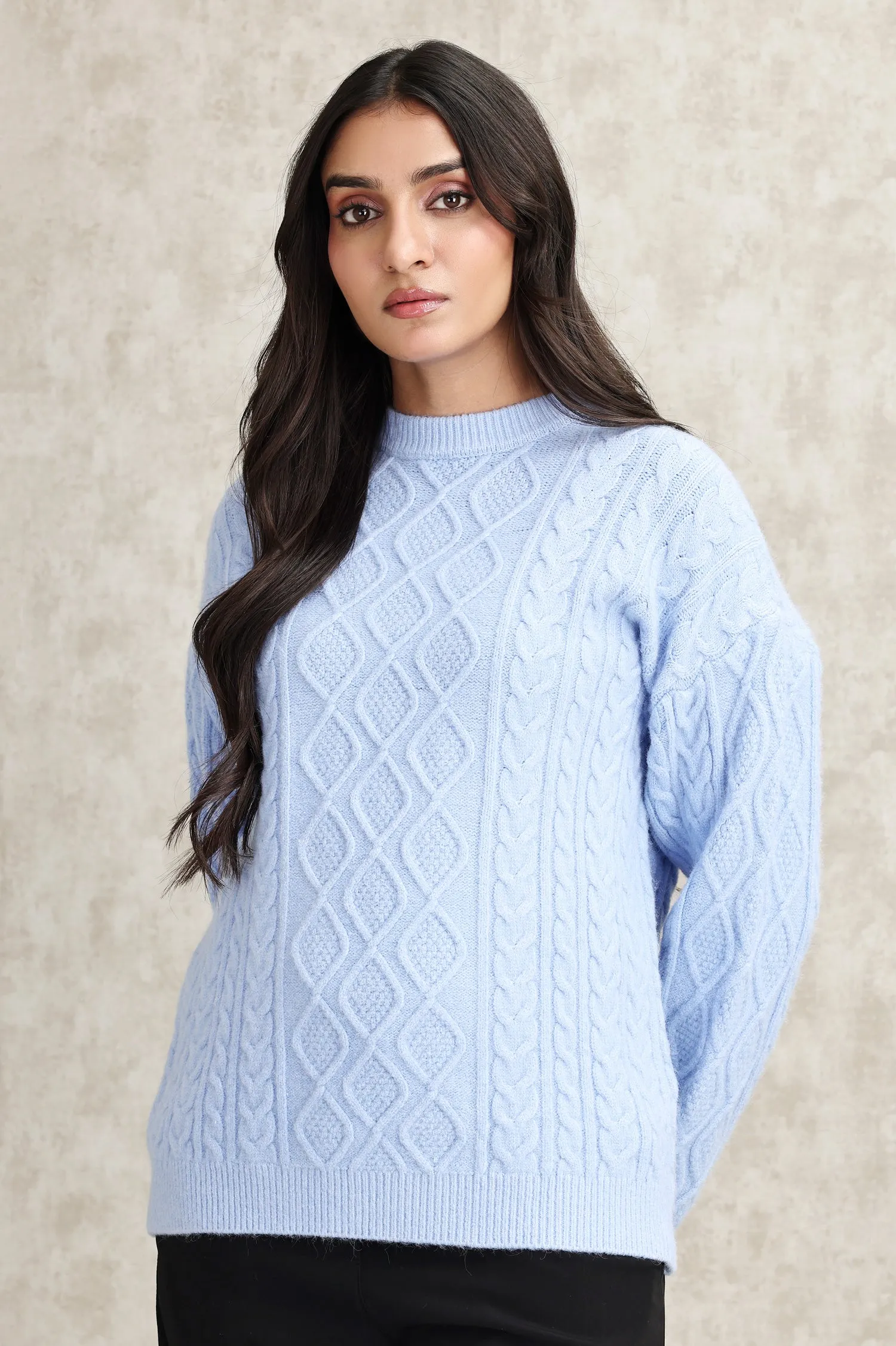 CABLE KNIT PULLOVER SWEATER-BLUE