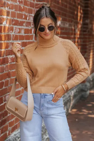 Camel Cable Knit Sleeve Turtleneck Sweater - DOORBUSTER