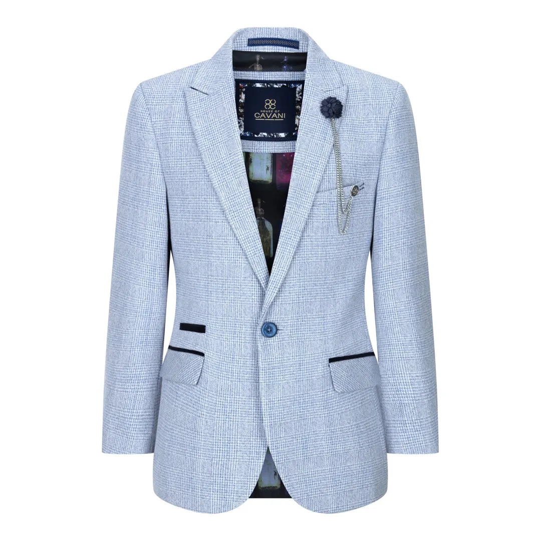 Caridi - Boys 3 Piece Check Suit Tweed Light Blue Wedding Peaky Classic