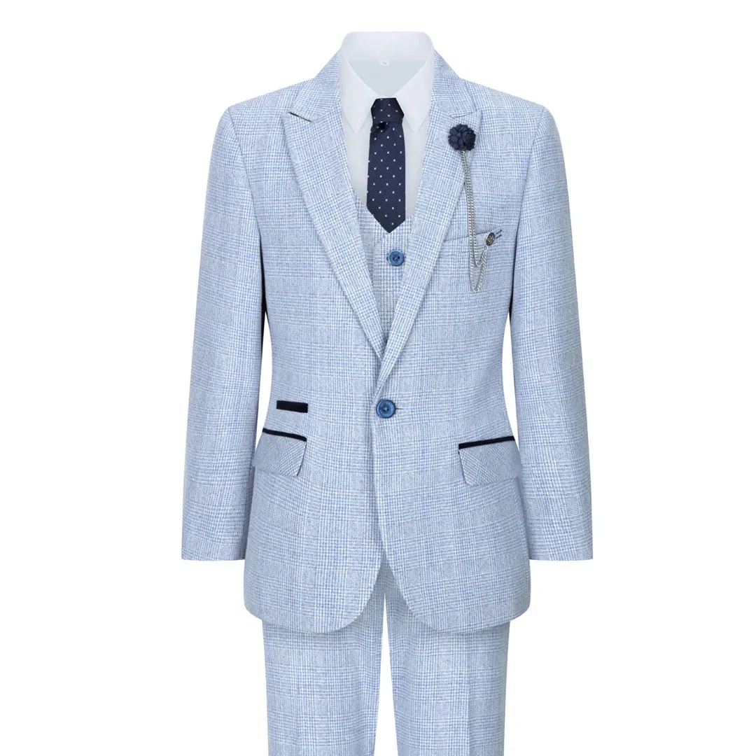 Caridi - Boys 3 Piece Check Suit Tweed Light Blue Wedding Peaky Classic