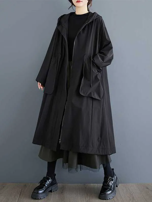 Casual Balck Hooded Pockets Zip-up Drawstring Hem Long Sleeve Trench Coat TW021