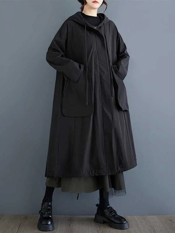 Casual Balck Hooded Pockets Zip-up Drawstring Hem Long Sleeve Trench Coat TW021