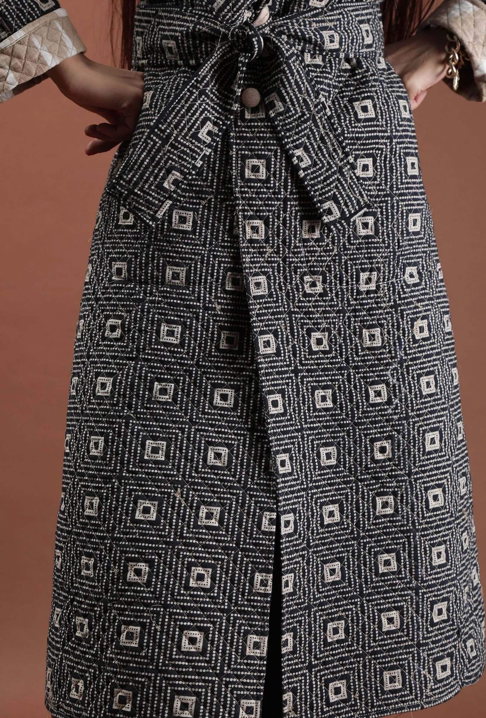 Cedar Ecru Ikat & Black Ajrakh Printed Reversible Quilted Wrap Coat