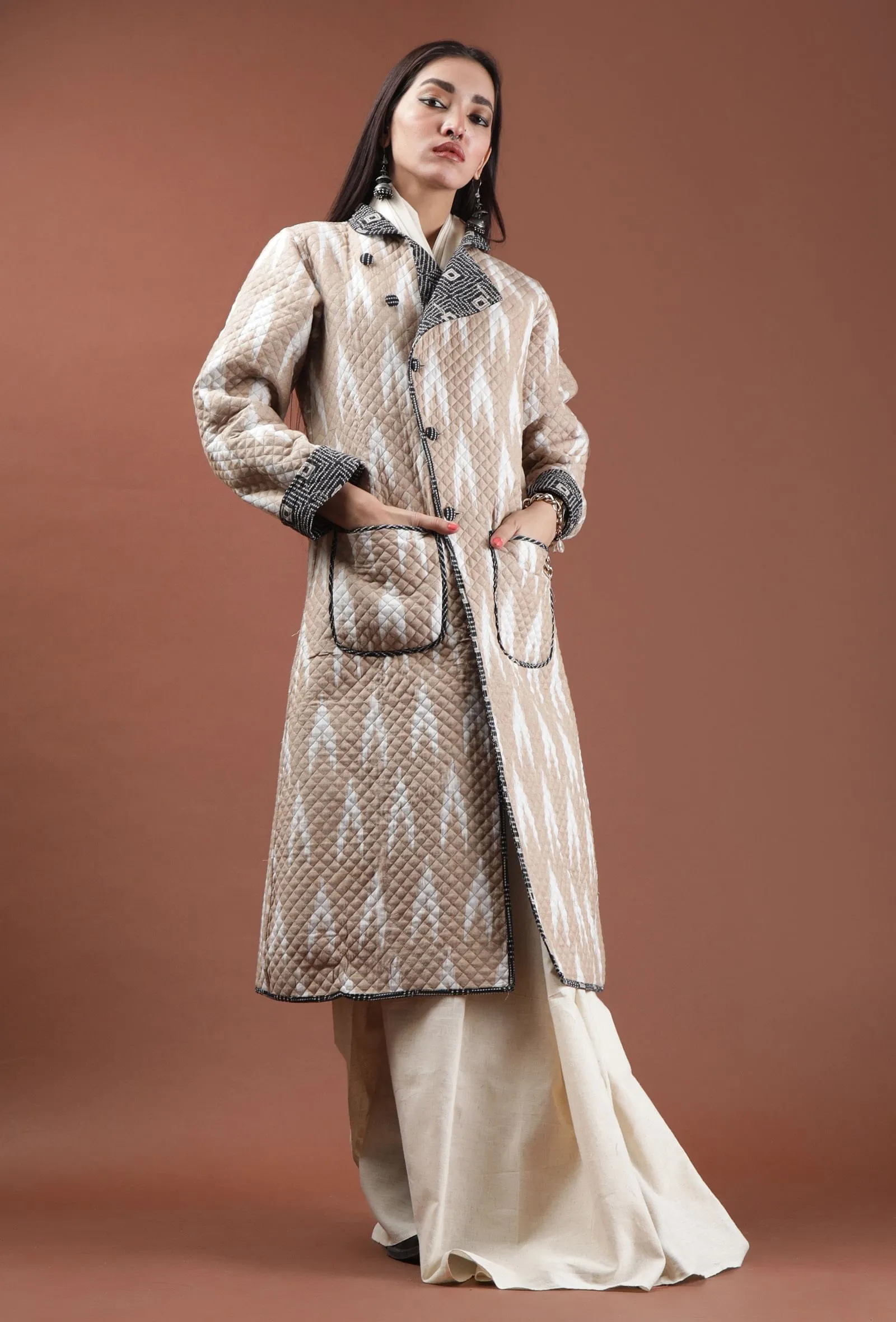 Cedar Ecru Ikat & Black Ajrakh Printed Reversible Quilted Wrap Coat