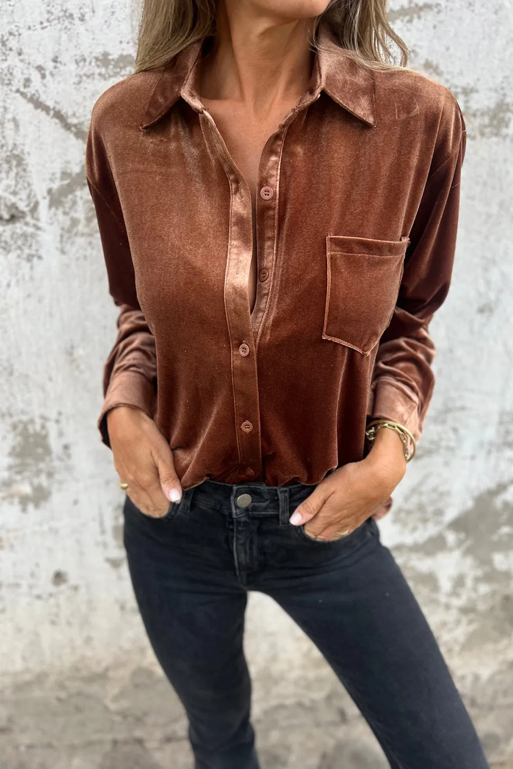 Chestnut Plain Chest Pocket Velvet Shirt