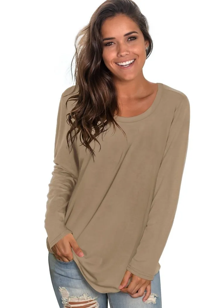 Chicvane Solid Color Long Sleeve Top Casual Crewneck Basic Shirts