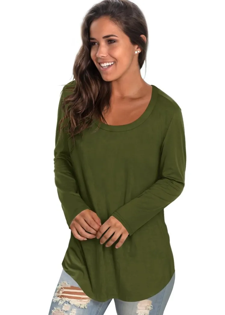 Chicvane Solid Color Long Sleeve Top Casual Crewneck Basic Shirts