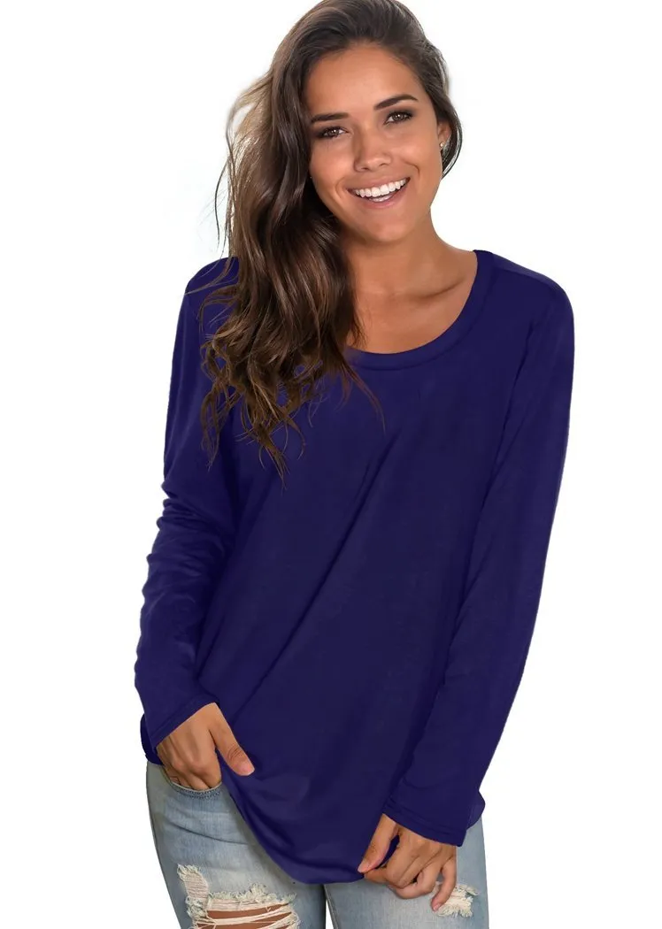 Chicvane Solid Color Long Sleeve Top Casual Crewneck Basic Shirts