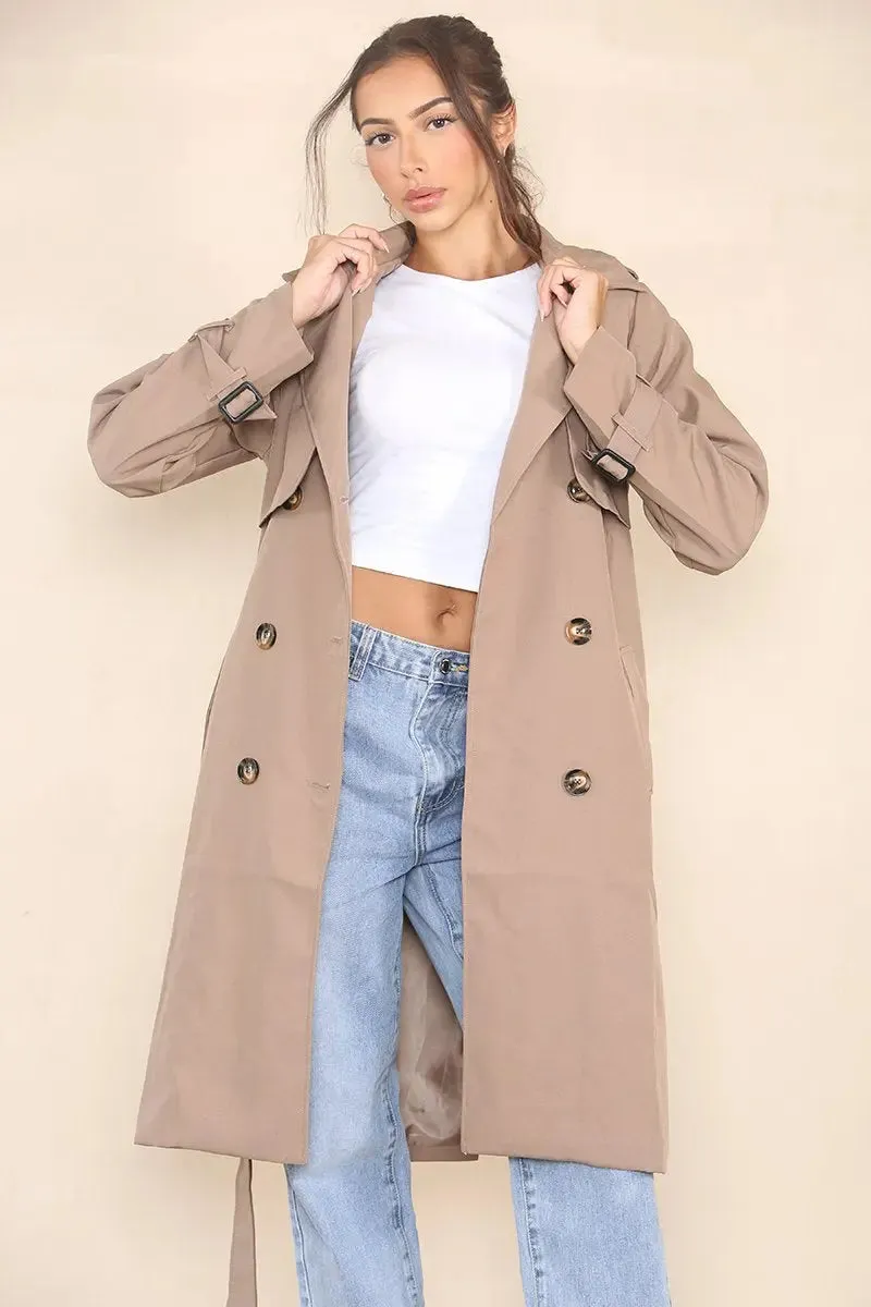 Coffee Notch Lapel Double Breasted Belt Decor Trench Coat