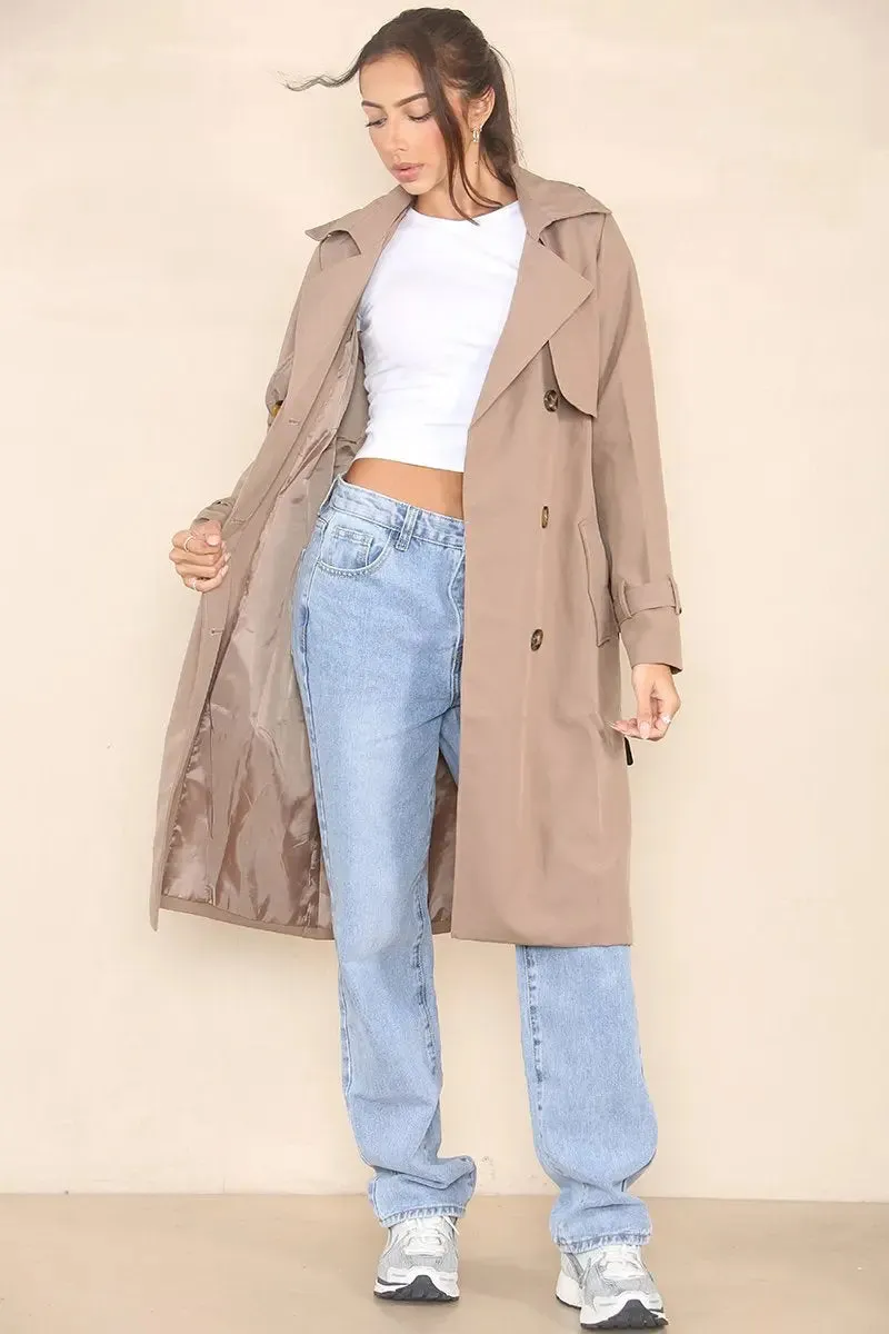 Coffee Notch Lapel Double Breasted Belt Decor Trench Coat