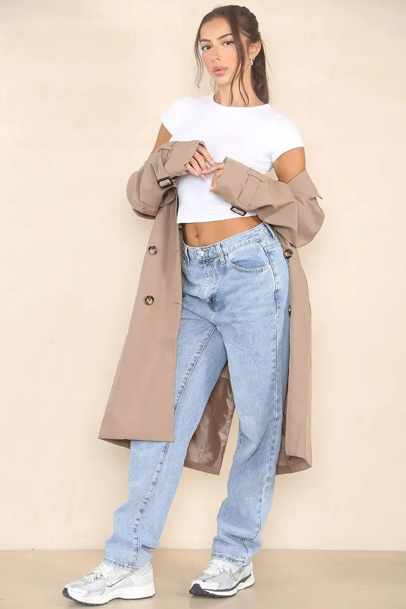 Coffee Notch Lapel Double Breasted Belt Decor Trench Coat