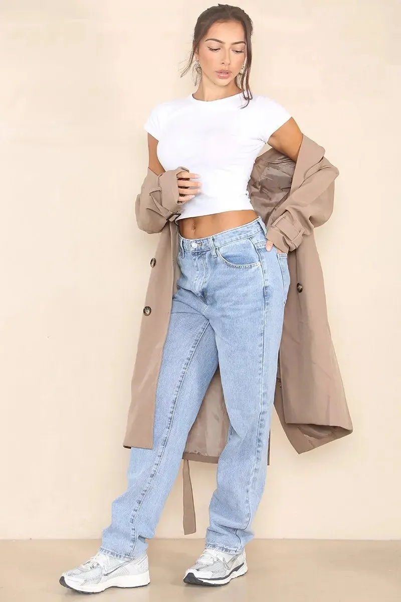 Coffee Notch Lapel Double Breasted Belt Decor Trench Coat