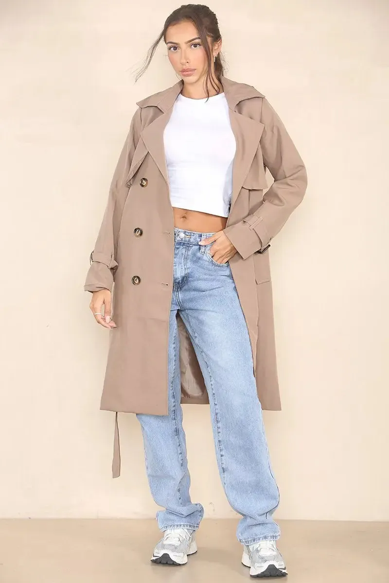 Coffee Notch Lapel Double Breasted Belt Decor Trench Coat