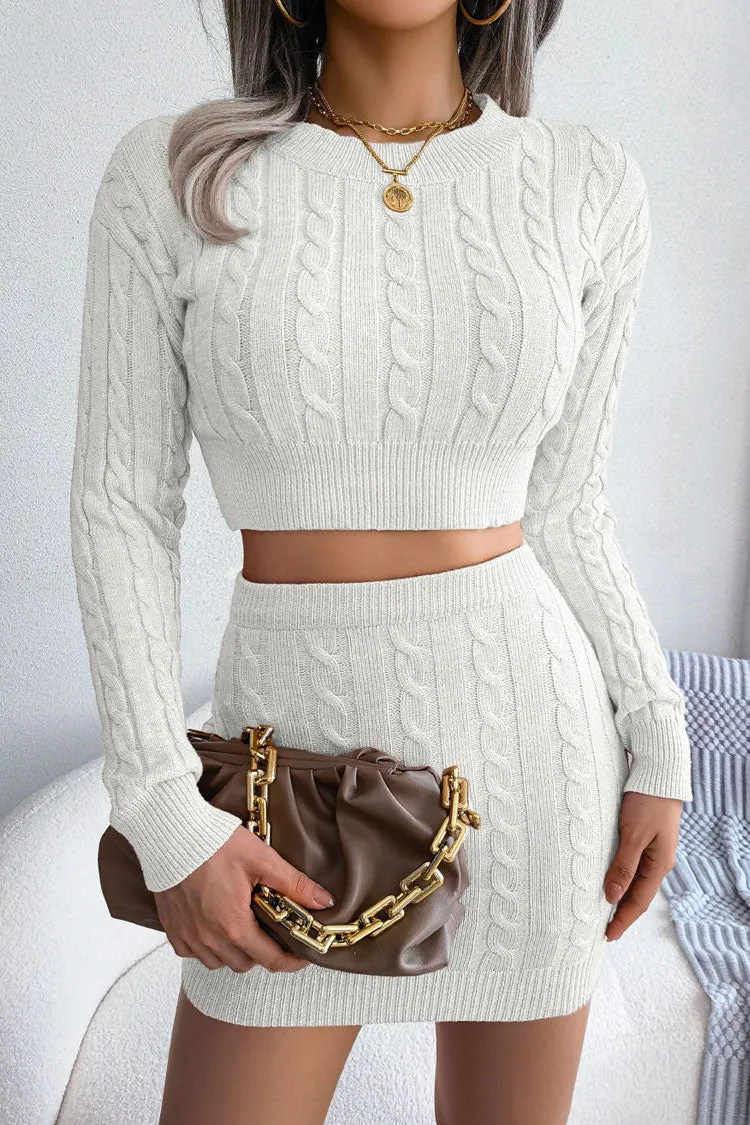 Cozy Fitted Winter Cable Knit Crop Sweater Two Piece Dress - White