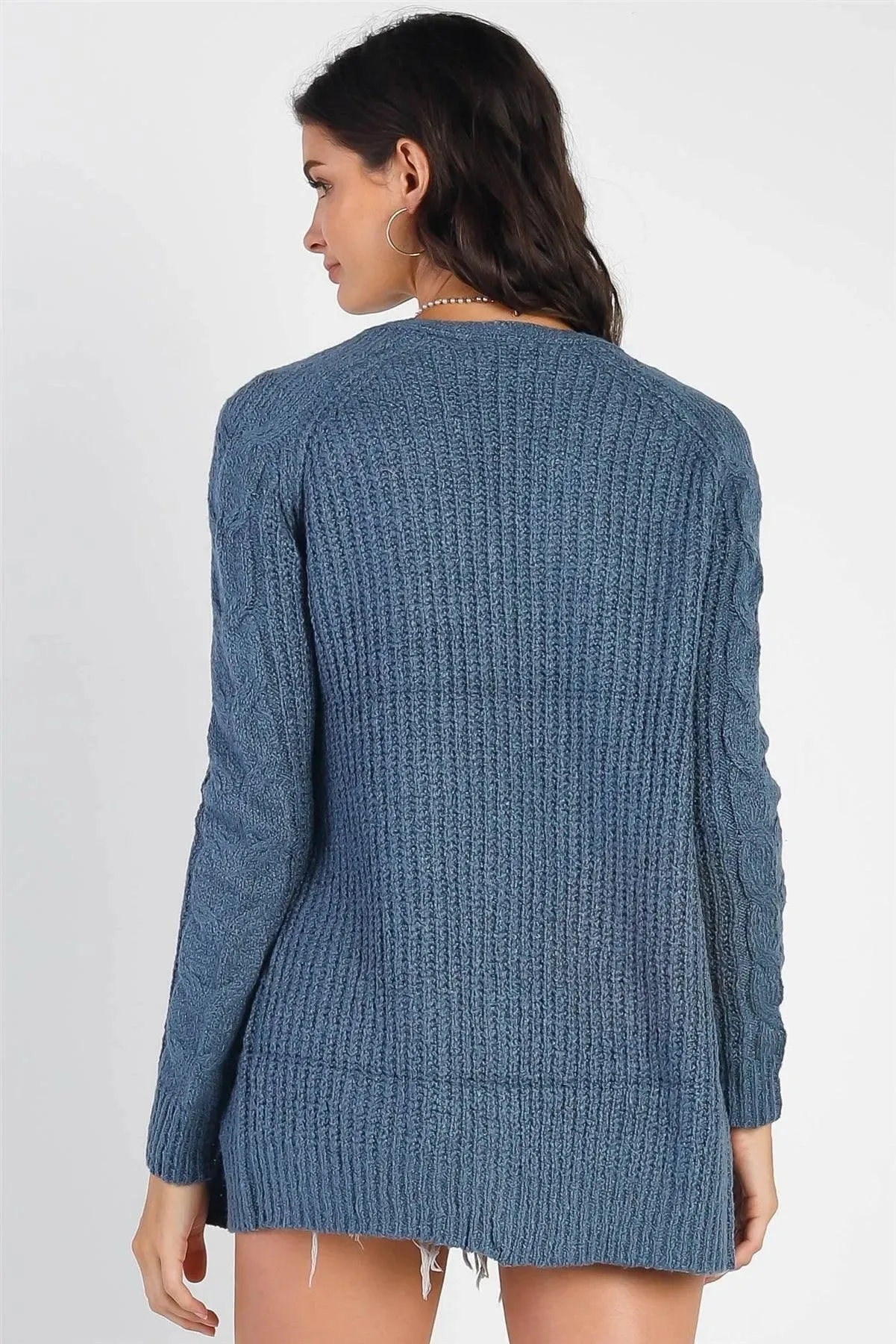 Dark Blue Open Front Cable-Knit Long Sleeve Cardigan