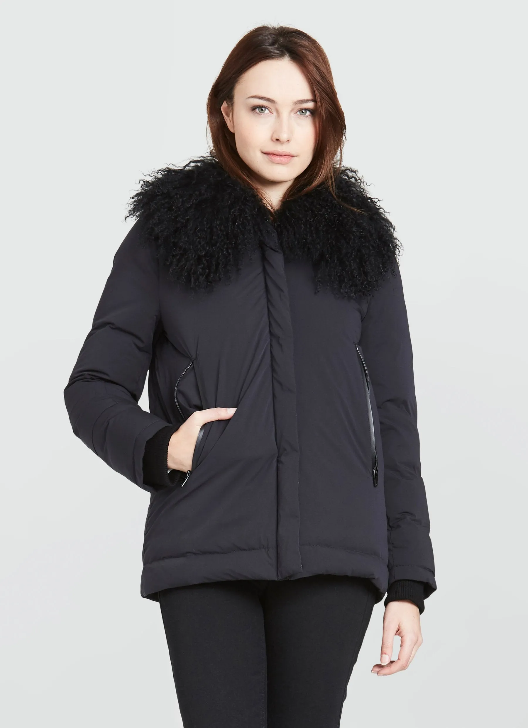 Ecru Black Down Jacket with Mongolian Lamb Collar