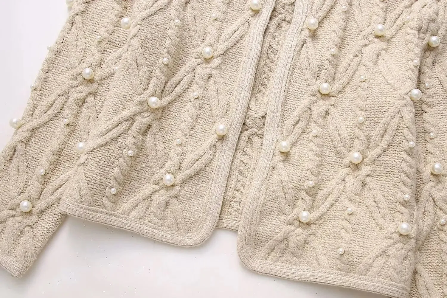 Elegant Pearl-Embellished Cable Knit Sweater