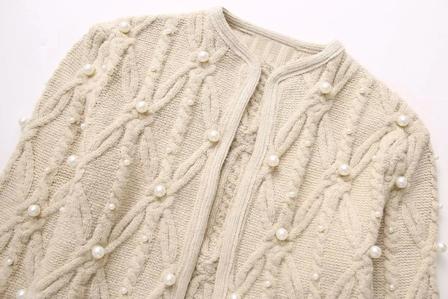 Elegant Pearl-Embellished Cable Knit Sweater