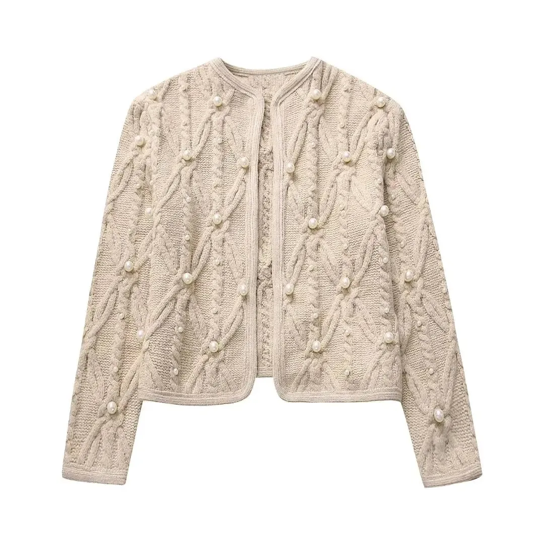 Elegant Pearl-Embellished Cable Knit Sweater