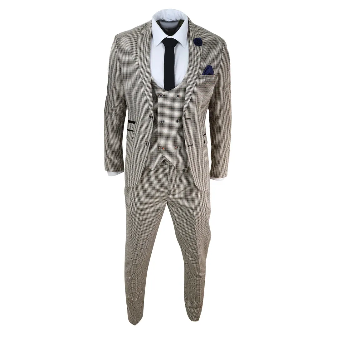 Elwood - Men's Beige Navy Check Suit Classic Prince Of Wales Wedding