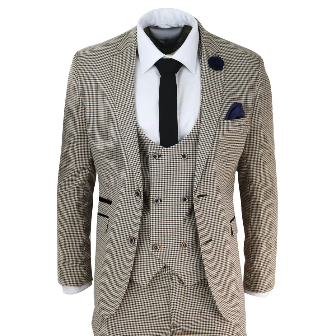 Elwood - Men's Beige Navy Check Suit Classic Prince Of Wales Wedding