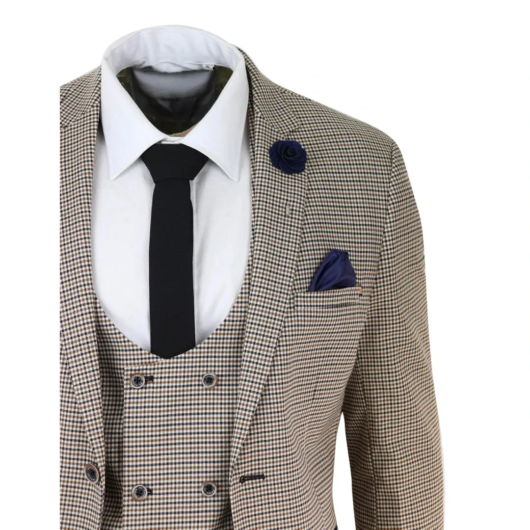 Elwood - Men's Beige Navy Check Suit Classic Prince Of Wales Wedding