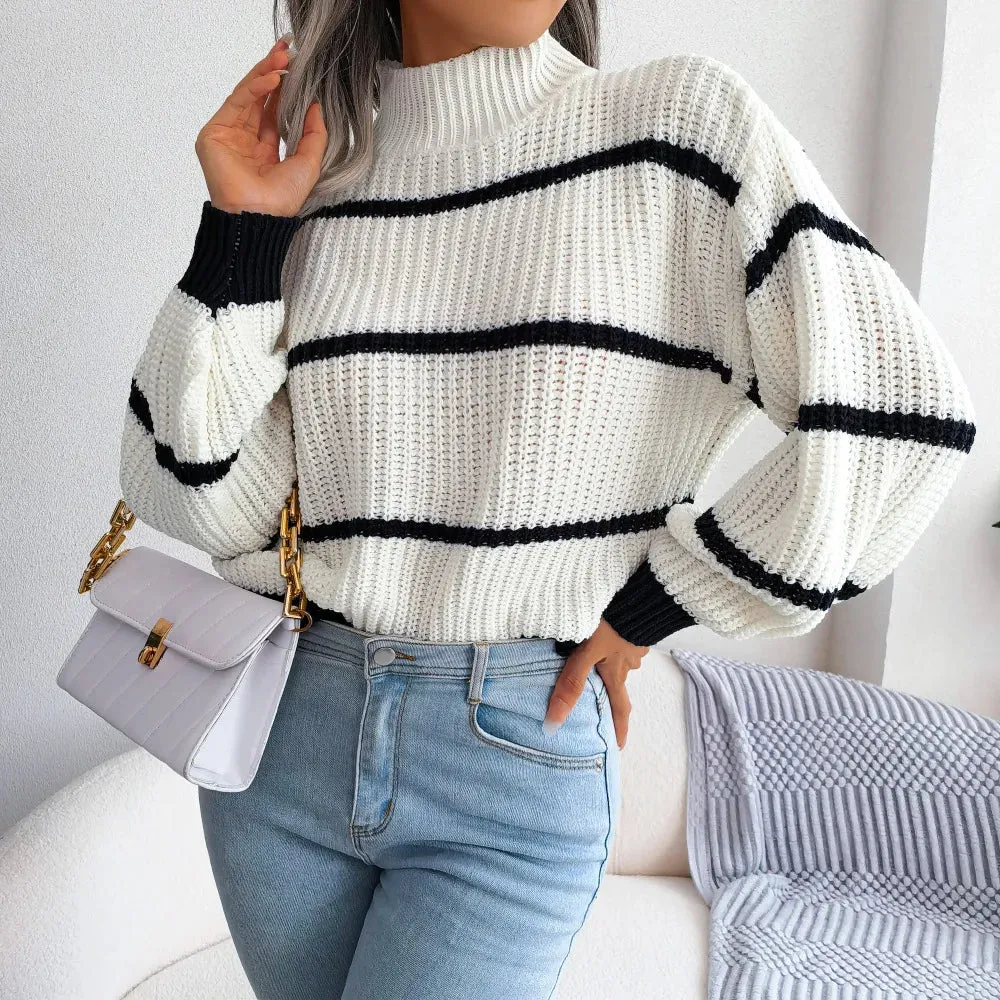 European Style Striped Lantern Sleeve  Knitted Pullover