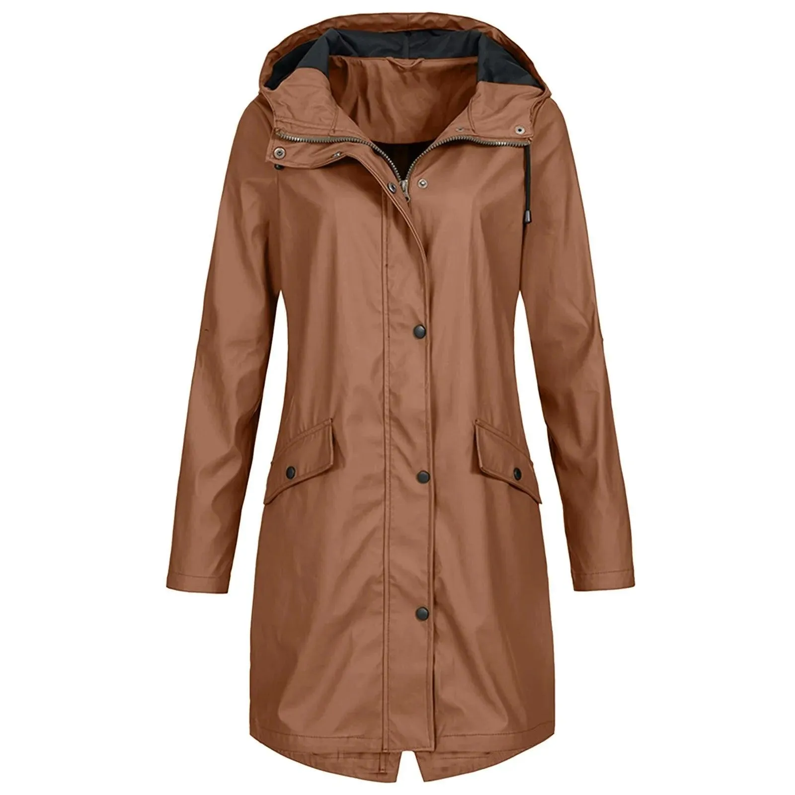 Fashion Women Hooded Trench Coat Casual Lady Waterproof Windproof Long Jacket Buttons Zipper Coats Female Long Sleeve Outerwear