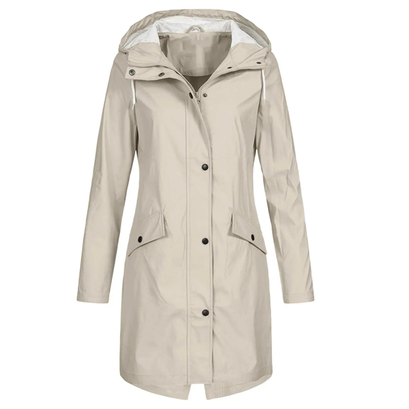 Fashion Women Hooded Trench Coat Casual Lady Waterproof Windproof Long Jacket Buttons Zipper Coats Female Long Sleeve Outerwear