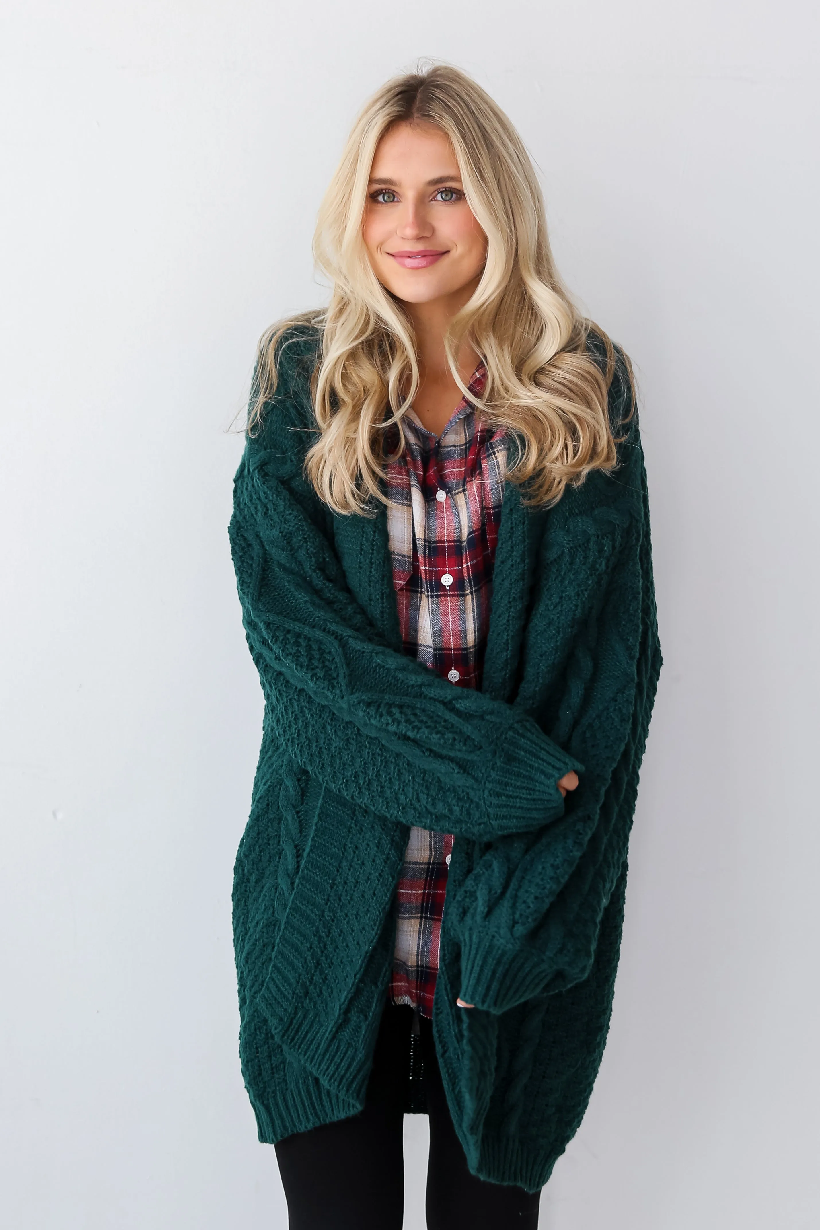 FINAL SALE - Snuggly Touch Hunter Green Cable Knit Cardigan - DOORBUSTER