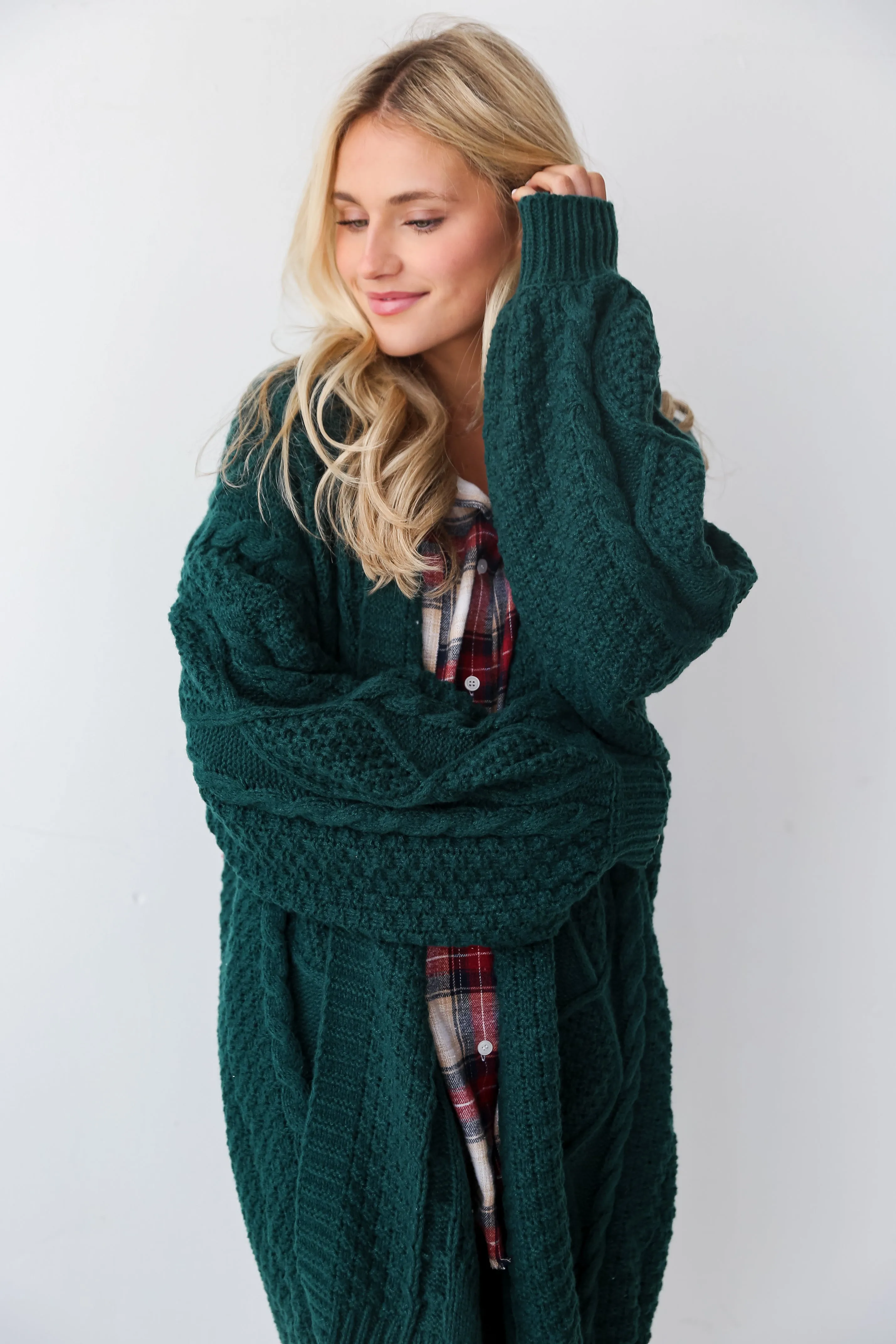 FINAL SALE - Snuggly Touch Hunter Green Cable Knit Cardigan - DOORBUSTER