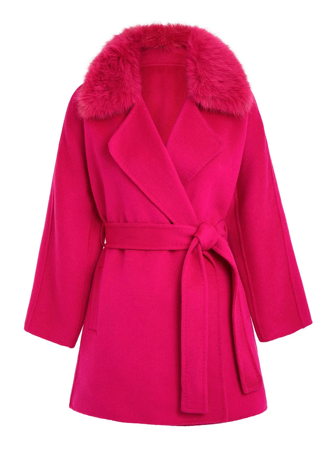 Fuchsia Fox Fur Collar Wrap Belted Wool Blend Coat