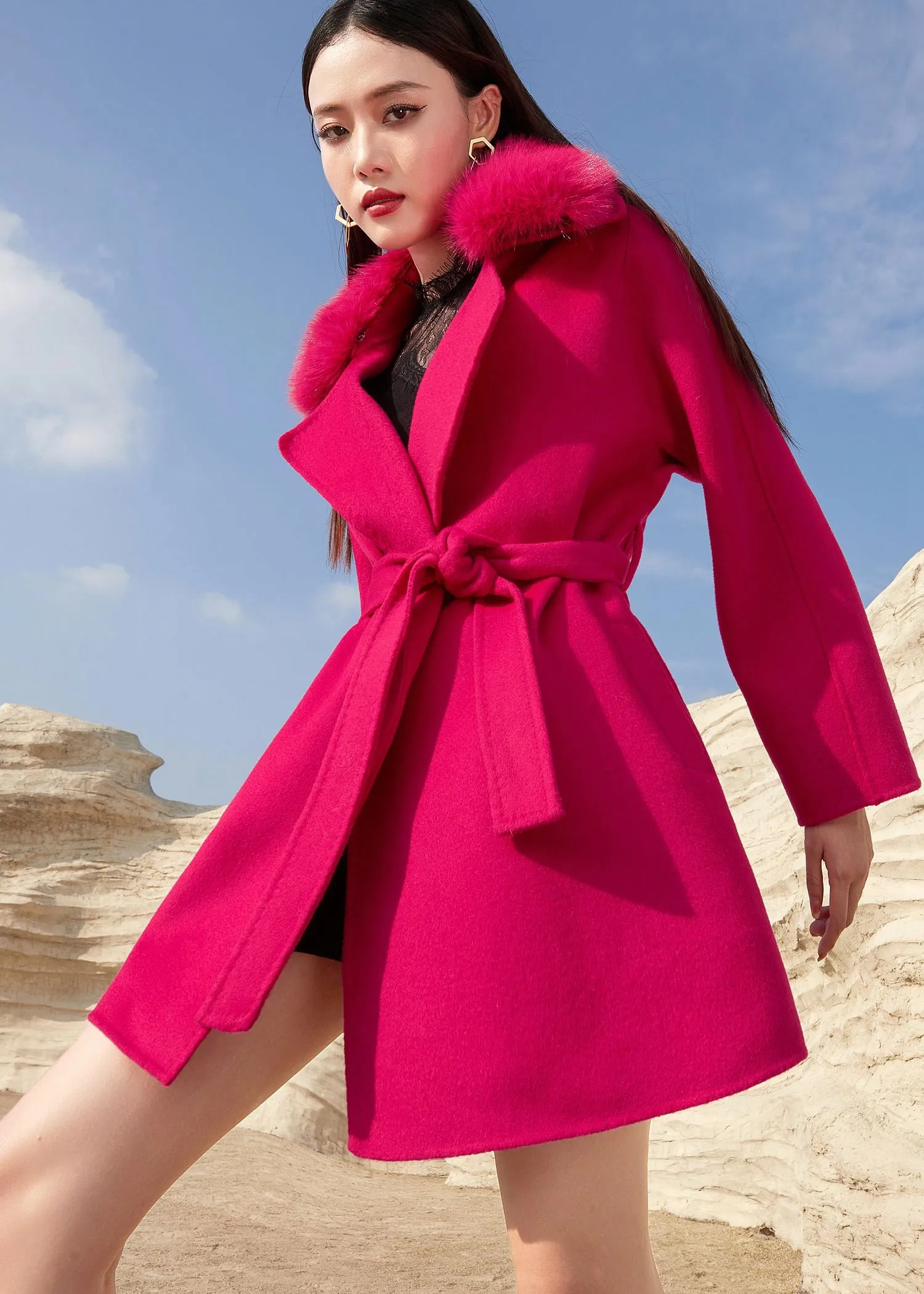 Fuchsia Fox Fur Collar Wrap Belted Wool Blend Coat