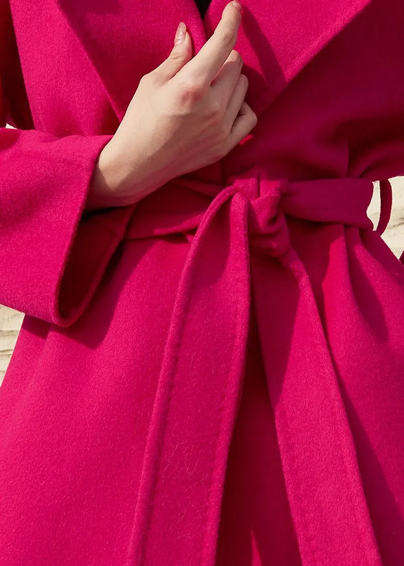 Fuchsia Fox Fur Collar Wrap Belted Wool Blend Coat