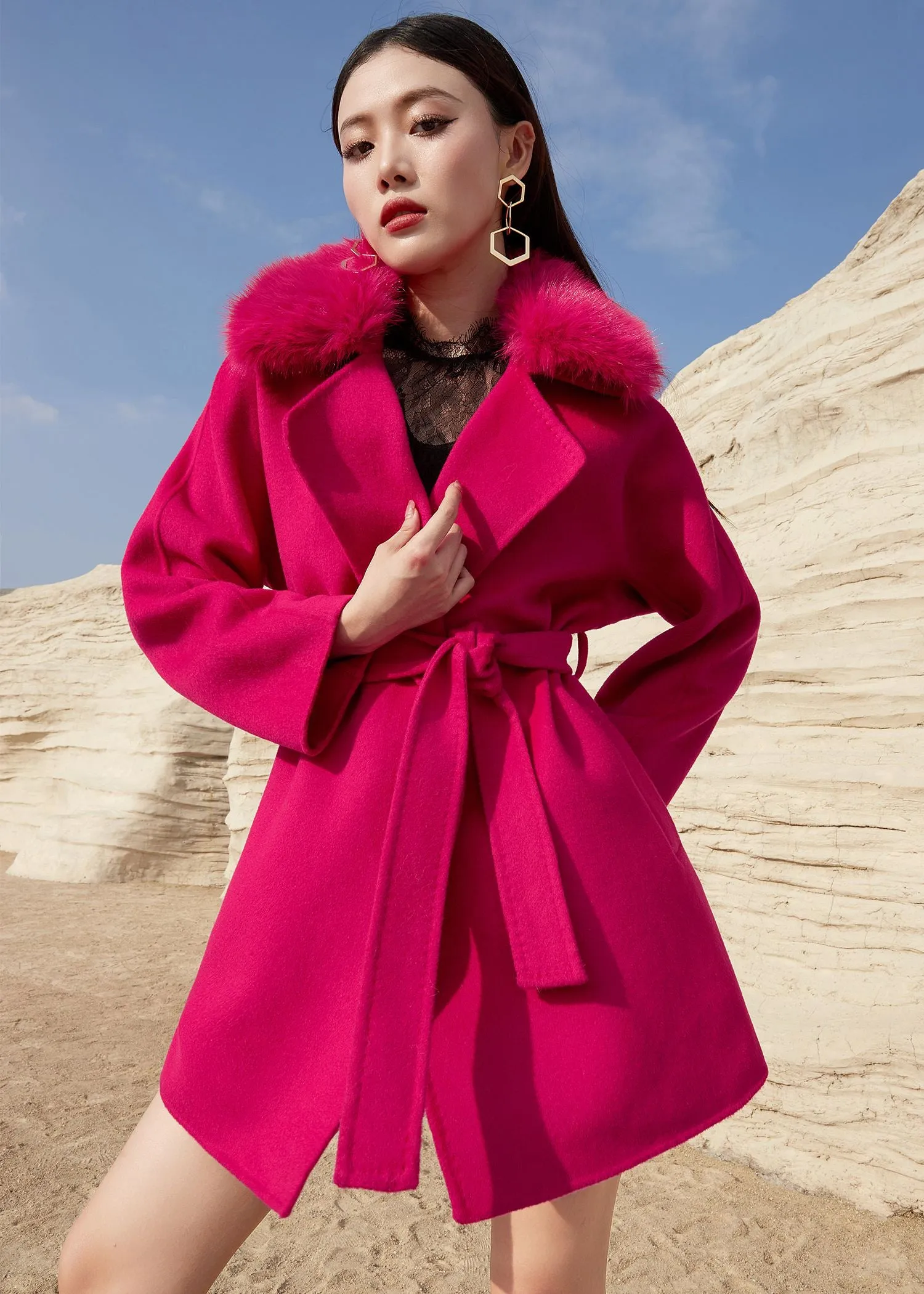 Fuchsia Fox Fur Collar Wrap Belted Wool Blend Coat