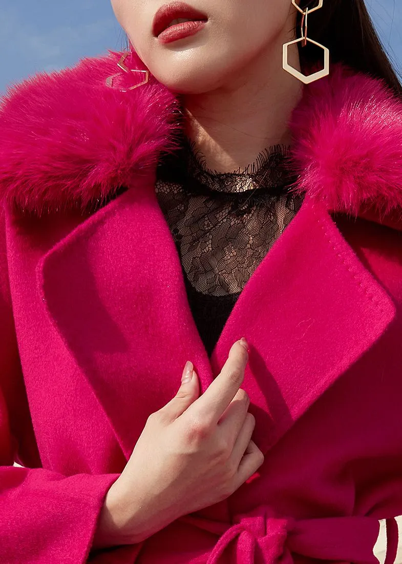 Fuchsia Fox Fur Collar Wrap Belted Wool Blend Coat